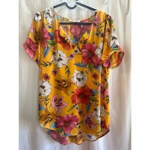 DR2 Floral Blouse Size Small Yellow Multicolor V-Neck Lightweight Spring Top